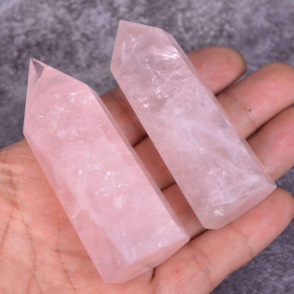 Natural Rose Quartz Gemstone Healing Crystal Hexagonal Pointed Reiki Chakra Faceted Prism Wand Carved Stone Figurine Home Decor