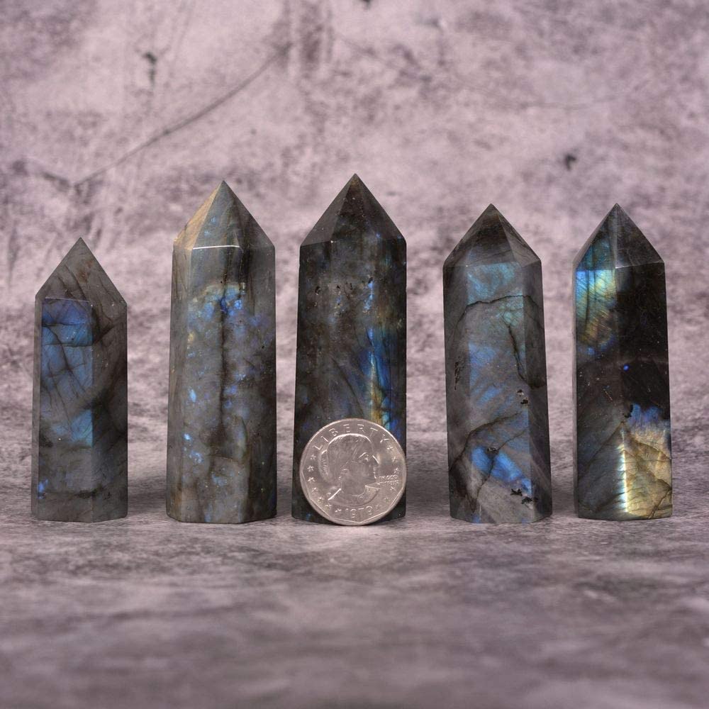 Natural Labradorite Gemstone Healing Crystal Hexagonal Pointed Reiki Chakra Faceted Prism Wand Carved Stone Figurine Home Decor