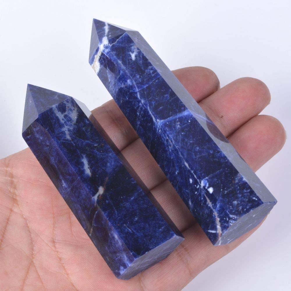 Natural Sodalite Gemstone Healing Crystal Hexagonal Pointed Reiki Chakra Faceted Prism Wand Carved Stone Figurine Home Decor