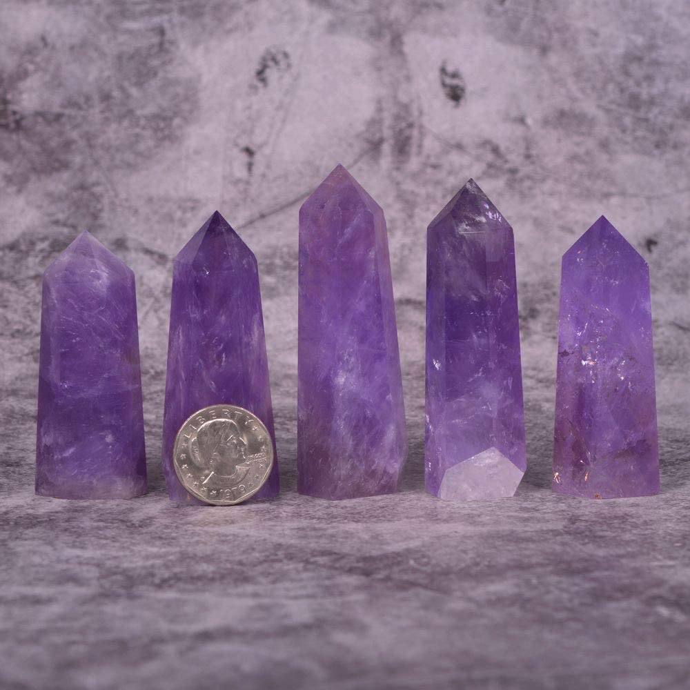 Natural Amethyst Gemstone Healing Crystal Hexagonal Pointed Reiki Chakra Faceted Prism Wand Carved Stone Figurine Home Decor