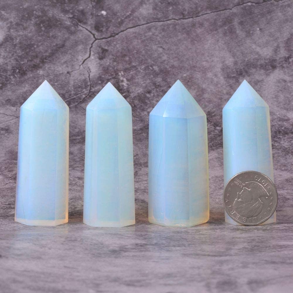 Synthetic Opalite Moonstone Glass Healing Hexagonal Pointed Reiki Chakra Faceted Prism Wand Carved Figurine Home Decor