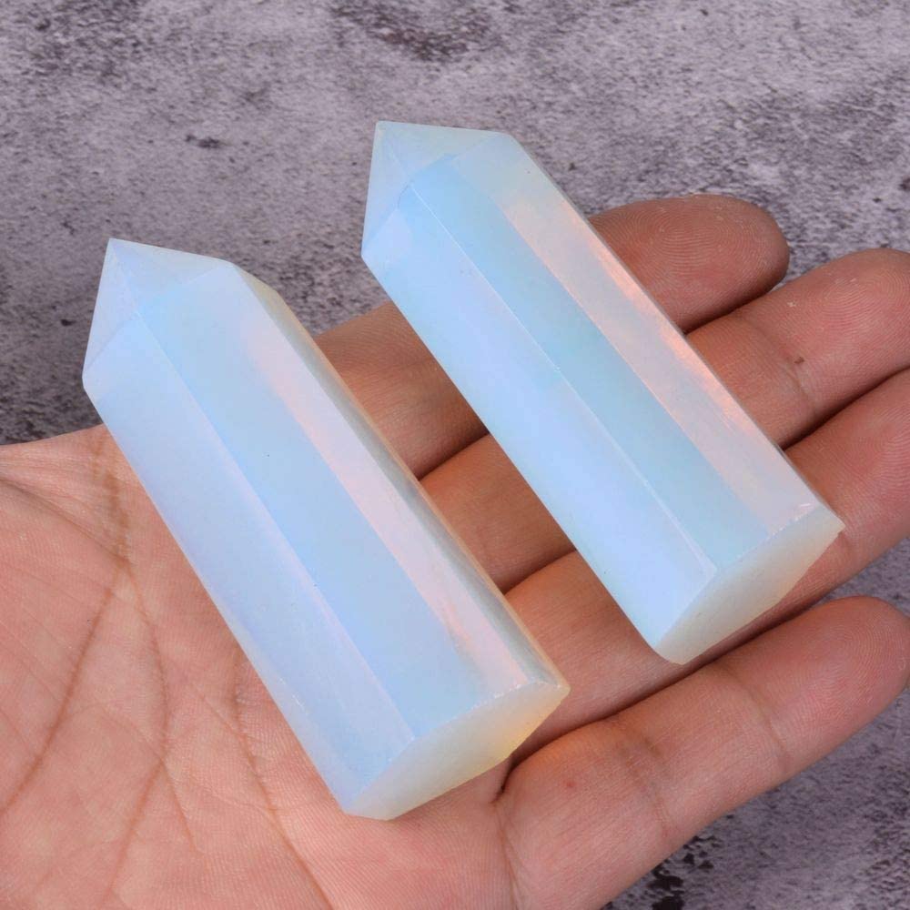 Synthetic Opalite Moonstone Glass Healing Hexagonal Pointed Reiki Chakra Faceted Prism Wand Carved Figurine Home Decor