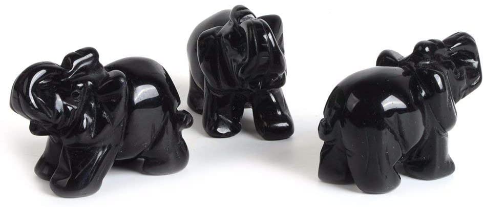 Carved Natural Black Obsidian Gemstone Elephant Healing Guardian Statue Figurine Crafts 2 inch