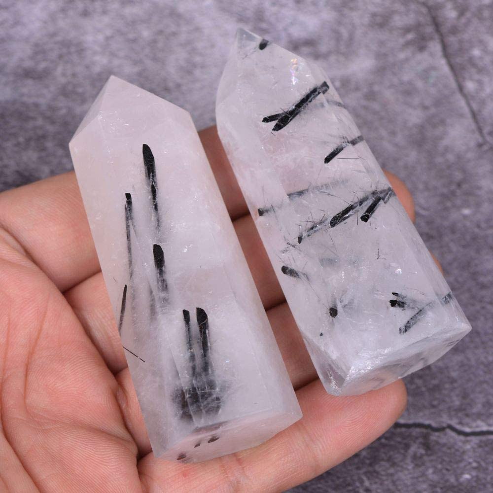 Natural Black Rutilated Quartz Gemstone Healing Crystal Hexagonal Pointed Reiki Chakra Faceted Prism Wand Carved Stone Figurine Home Decor