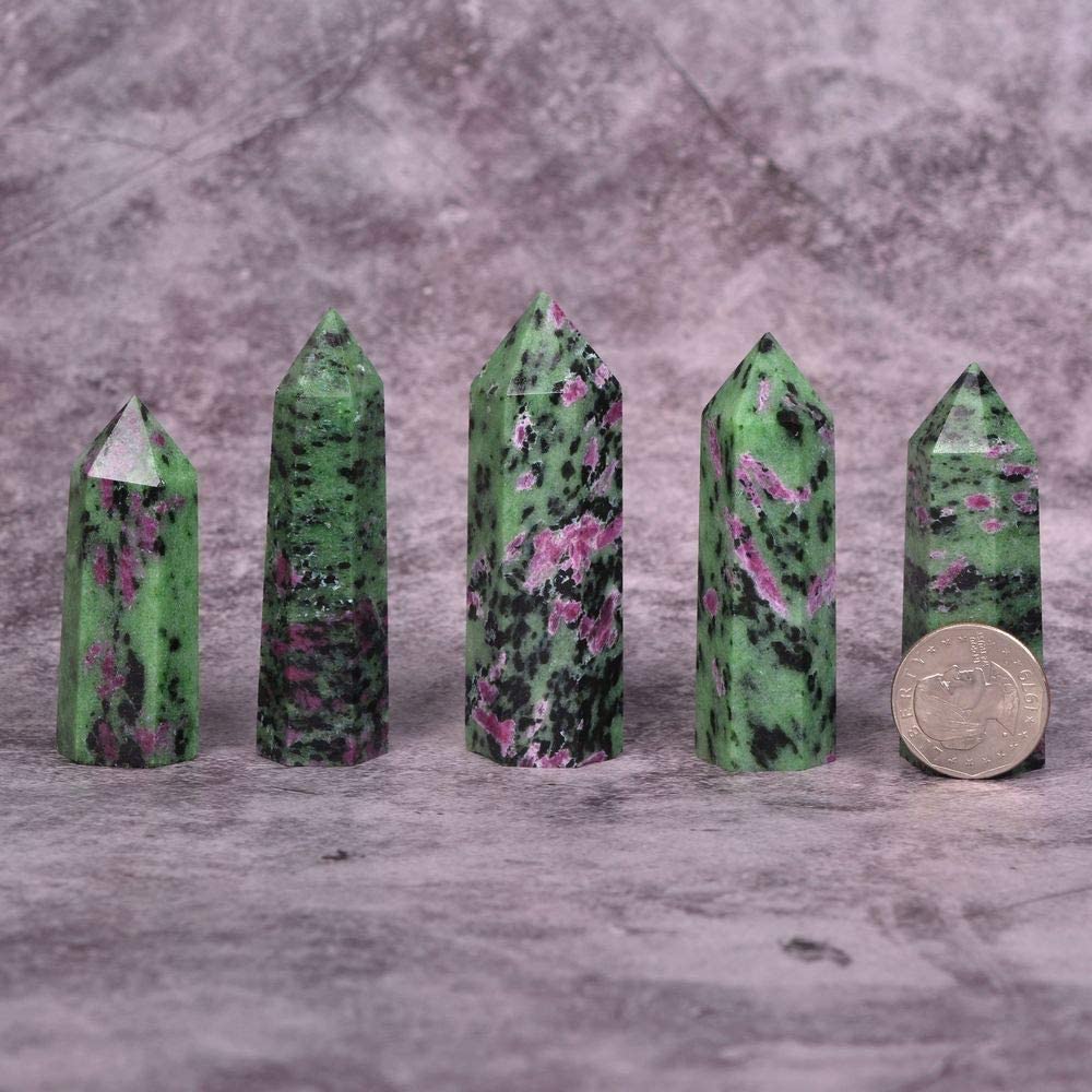 Natural Green Ruby Zoisite Gemstone Healing Crystal Hexagonal Pointed Reiki Chakra Faceted Prism Wand Carved Stone Figurine Home Decor