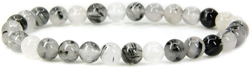 Natural Black Rutilated Quartz Gemstone 6mm Round Beads Stretch Bracelet 7" Unisex