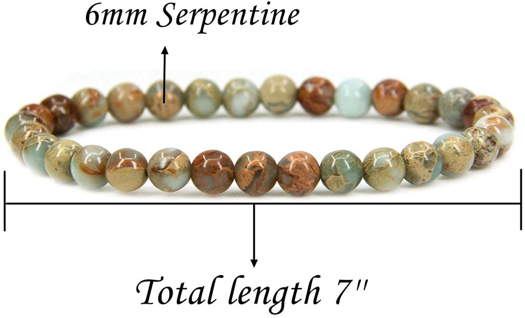 Natural Serpentine Gemstone 6mm Round Beads Stretch Bracelet 7" Unisex