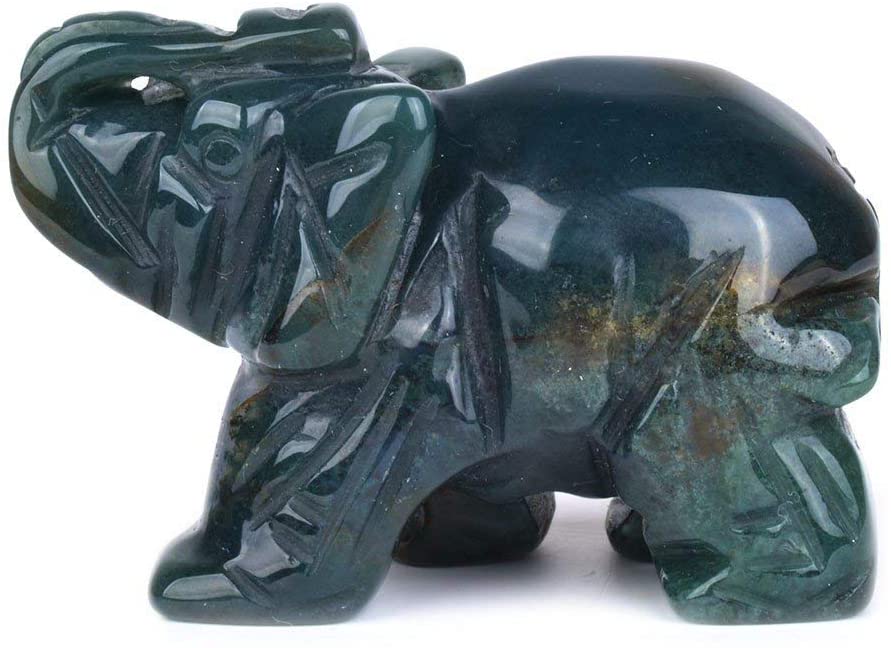 Carved Greenish Indian Agate Gemstone Elephant Healing Guardian Statue Figurine Crafts 2 inch