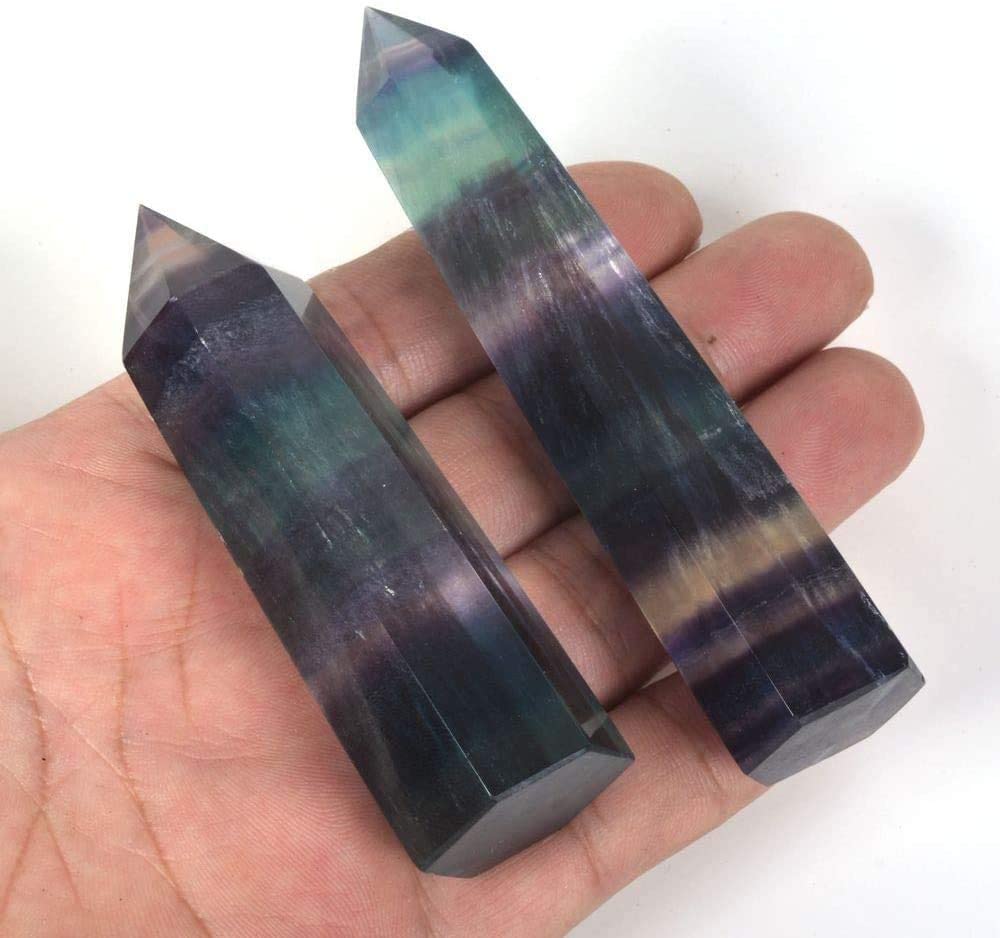 Natural Rainbow Fluorite Gemstone Healing Crystal Hexagonal Pointed Reiki Chakra Faceted Prism Wand Carved Stone Figurine Home Decor