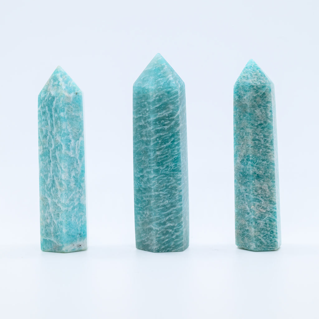 Angelstones Natural Blue Amazonite Gemstone Healing Crystal Hexagonal Pointed Reiki Chakra Faceted Prism Wand Carved Stone Figurine Home Decor