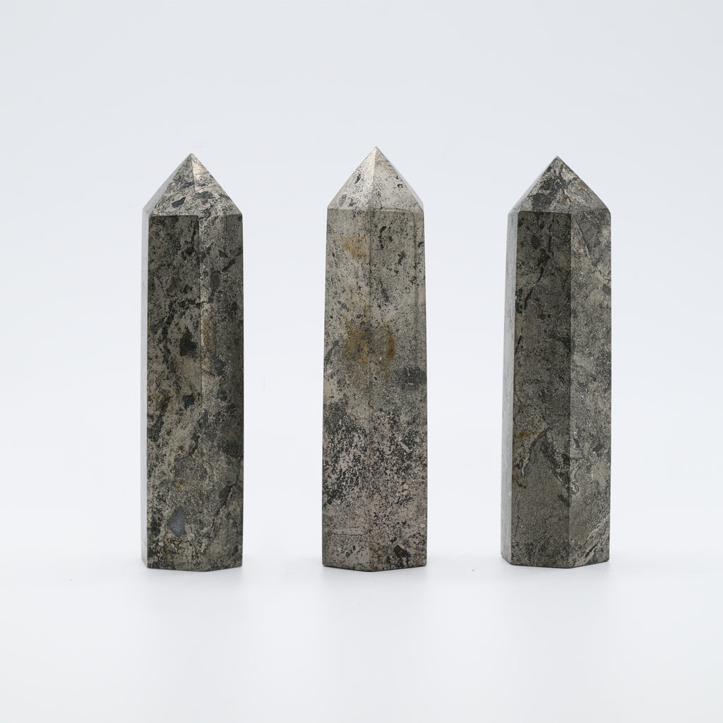 Angelstones Natural Pyrite Gemstone Healing Crystal Hexagonal Pointed Reiki Chakra Faceted Prism Wand Carved Stone Figurine Home Decor