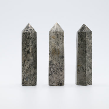 Angelstones Natural Pyrite Gemstone Healing Crystal Hexagonal Pointed Reiki Chakra Faceted Prism Wand Carved Stone Figurine Home Decor