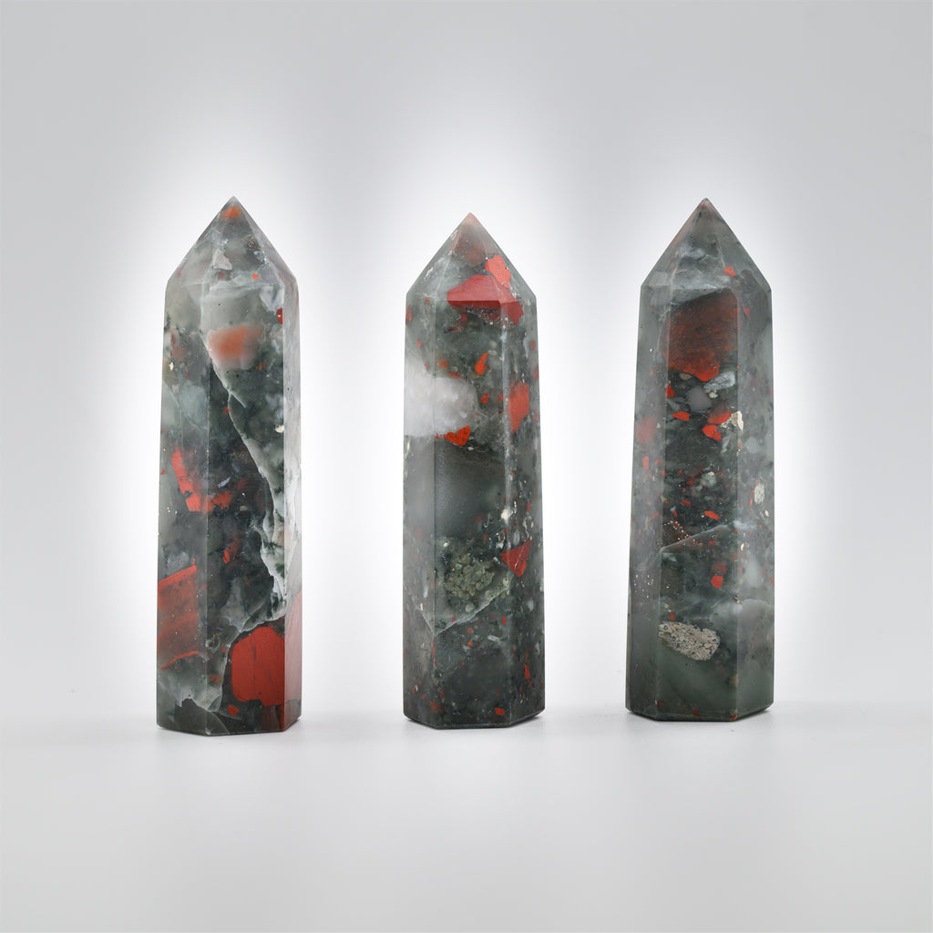 Angelstones Natural African Bloodstone Gemstone Healing Crystal Hexagonal Pointed Reiki Chakra Faceted Prism Wand Carved Stone Figurine Home Decor