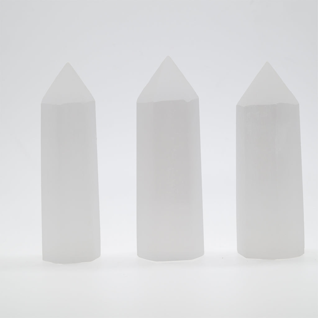 Angelstones Natural Selenite Gemstone Healing Crystal Hexagonal Pointed Reiki Chakra Faceted Prism Wand Carved Stone Figurine Home Decor