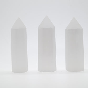 Angelstones Natural Selenite Gemstone Healing Crystal Hexagonal Pointed Reiki Chakra Faceted Prism Wand Carved Stone Figurine Home Decor