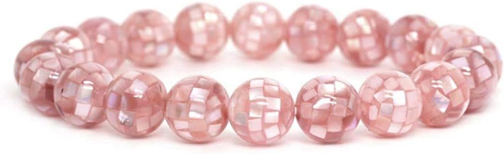 Angelstones Natural Mosaic Pink Shell Gemstone 10mm Round Beads Stretch Bracelet 7 Inch Unisex