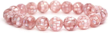 Angelstones Natural Mosaic Pink Shell Gemstone 10mm Round Beads Stretch Bracelet 7 Inch Unisex