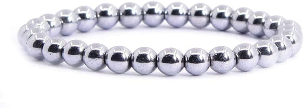 Metallic Silver Coated Hematite Gemstone 6mm Round Beads Stretch Bracelet 6.5inch Unisex