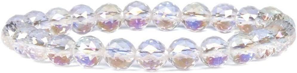 Aqua Aura Faceted Natural Clear Quartz Gemstone 8mm Round Beads Stretch Bracelet 7inch