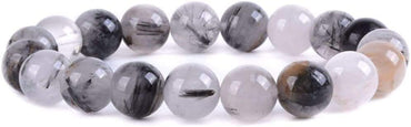 Natural Black Tourmaline Rutilated Quartz Gemstone 10mm Round Beads Stretch Bracelet 7inch Unisex