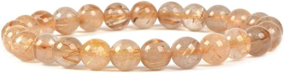 Natural Golden Rutilated Quartz Gemstone 8mm Round Beads Stretch Bracelet 7inch Unisex