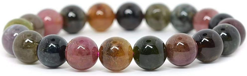 Natural Multi-Color Tourmaline Gemstone 10mm Round Beads Stretch Bracelet 7 Inch Unisex
