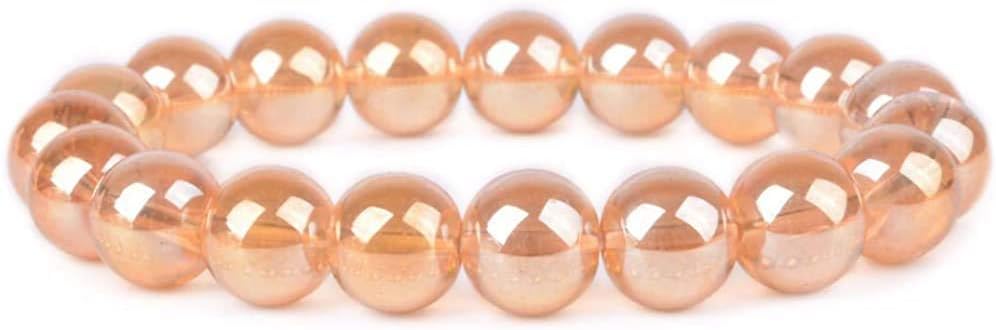 Metallic Yellow Coated Clear Quartz Gemstone 10mm Round Beads Stretch Bracelet 7inch Unisex