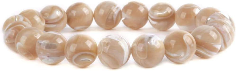 Angelstones Natural Khaki Mother of Pearl Shell 10mm Round Beads Stretch Bracelet 7 Inch Unisex