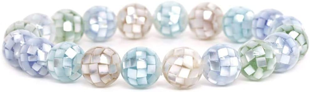 Angelstones Mosaic Dyed Mother of Pearl Shell Gemstone 10mm Round Beads Stretch Bracelet 7 Inch Unisex