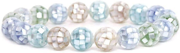 Angelstones Mosaic Dyed Mother of Pearl Shell Gemstone 10mm Round Beads Stretch Bracelet 7 Inch Unisex