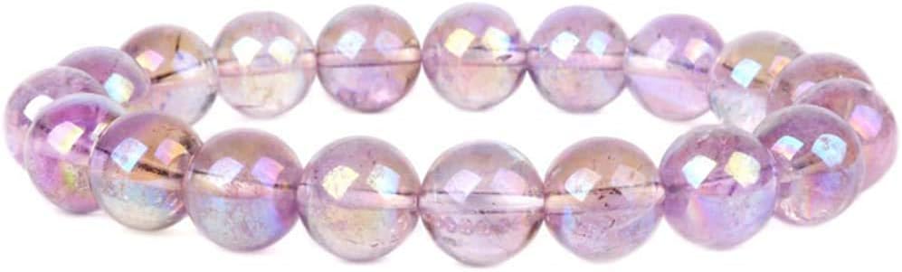 Rainbow Coated Lilac Amethyst Gemstone 10mm Round Beads Stretch Bracelet 7inch Unisex