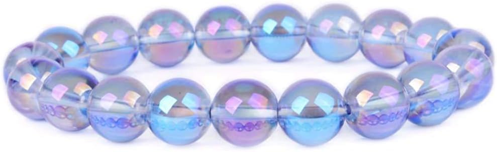 Metallic Rainbow Coated Clear Quartz Gemstone 10mm Round Beads Stretch Bracelet 7inch Unisex