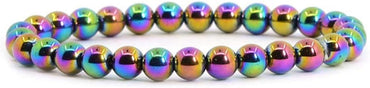 Metallic Rainbow Coated Hematite Gemstone 6mm Round Beads Stretch Bracelet 6.5inch Unisex