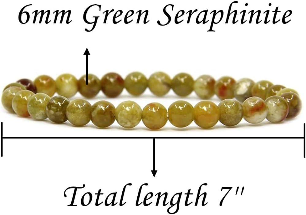Angelstones Natural Green Seraphinite Gemstone 6mm Round Beads Stretch Bracelet 7inch Unisex