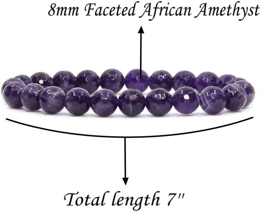 Natural Faceted African Amethyst Handmade Gemstone 8mm Round Beads Elastic Bracelet 7inch Unisex