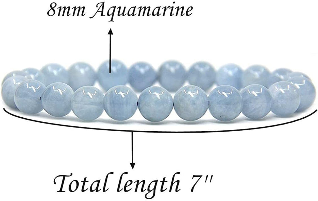 Natural Aquamarine Gemstone 8mm Round Beads Stretch Bracelet 7inch Unisex