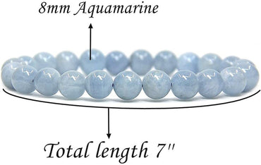 Natural Aquamarine Gemstone 8mm Round Beads Stretch Bracelet 7inch Unisex