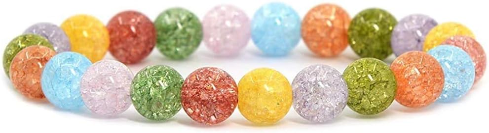 Multi-Color Crackle Rock Crystal Gemstone 8mm Round Beads Stretch Bracelet 7 Inch Unisex