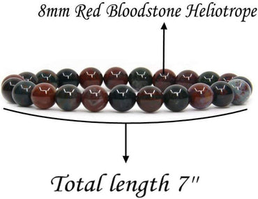 Natural Red Bloodstone Heliotrop Handmade Gemstone 8mm Round Beads Elastic Bracelet 7inch Unisex