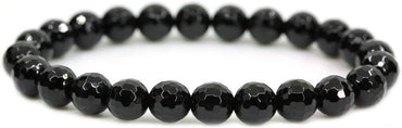 Natural Faceted Black Agate Handmade Gemstone 8mm Round Beads Elastic Bracelet 7inch Unisex