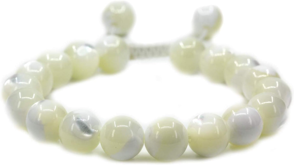 Angelstones Handmade Gemstone 10mm Mother of Pearl Round Beads Adjustable Braided Macrame Tassels Chakra Reiki Bracelets 7-9 inch Unisex