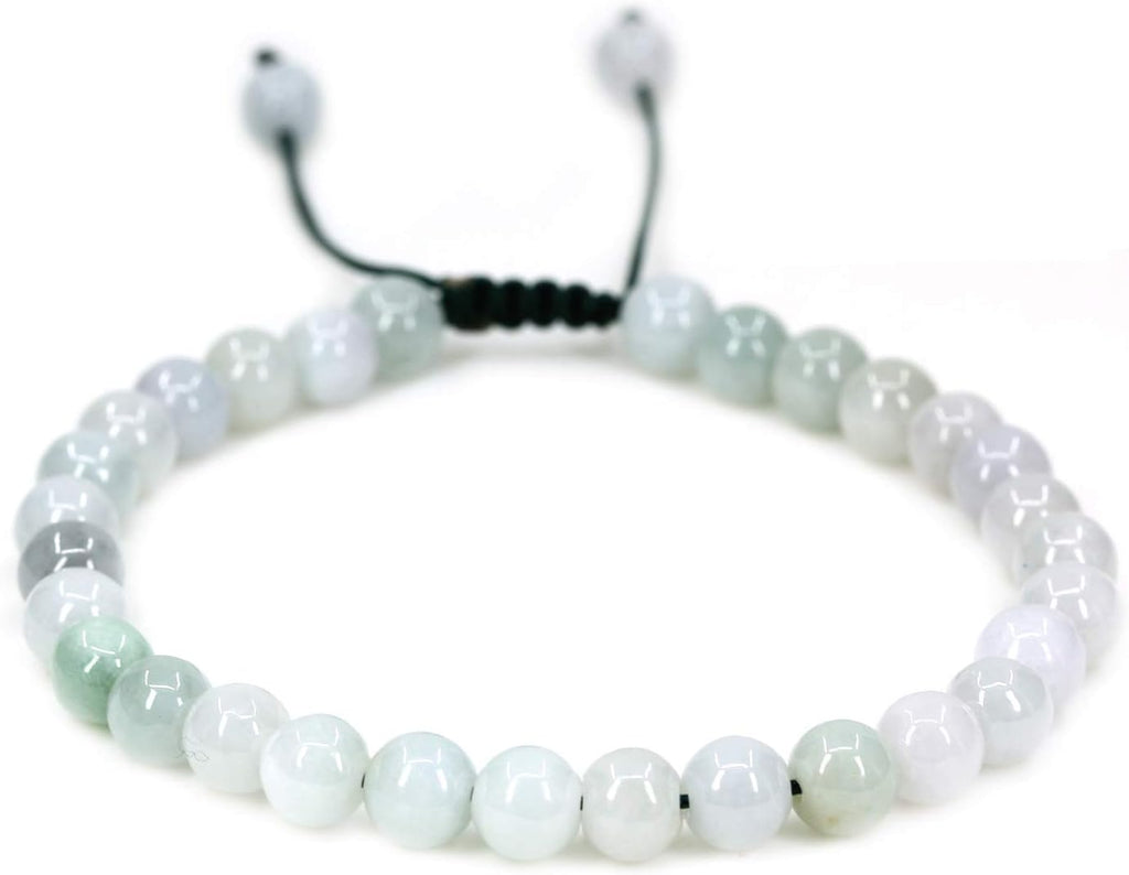 Angelstones Handmade Gemstone 6mm Green-White Jade Jadeite Round Beads Adjustable Braided Macrame Tassels Chakra Reiki Bracelets 7-9 inch Unisex