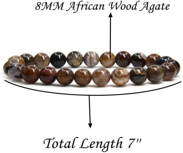 African Wood Agate Gem Semi Precious Gemstone 8mm Ball Beads Stretch Bracelet 7inch Unisex