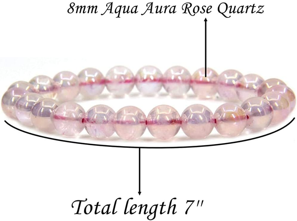 Angelstones Natural Aqua Aura Madagascar Rose Quartz Gemstone 8mm Round Beads Stretch Bracelet 7 Inch Unisex