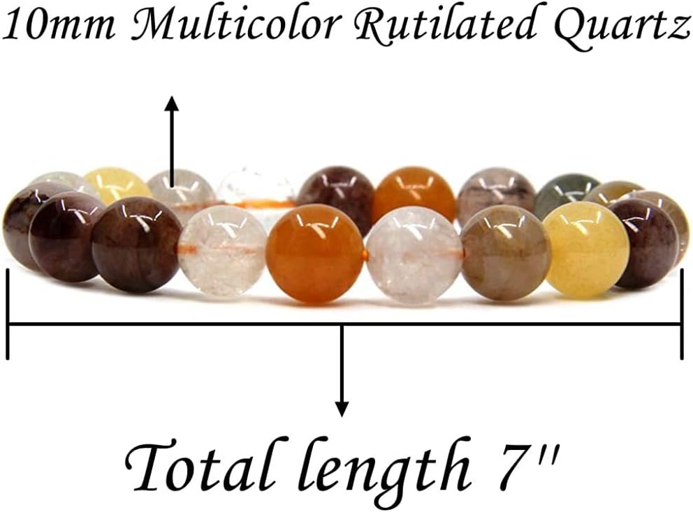 Angelstones Natural Multicolor Rutilated Quartz Genuine Semi-Precious Gemstones Healing 10mm Beaded Stretch Bracelet 7inch Unisex