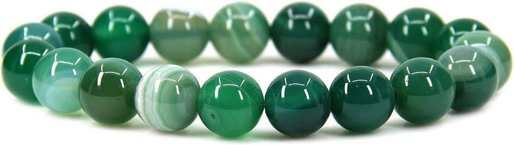 Natural Green Striped Agate Genuine Semi Precious Gemstones Healing 10mm Beaded Stretch Bracelet 7inch Unisex