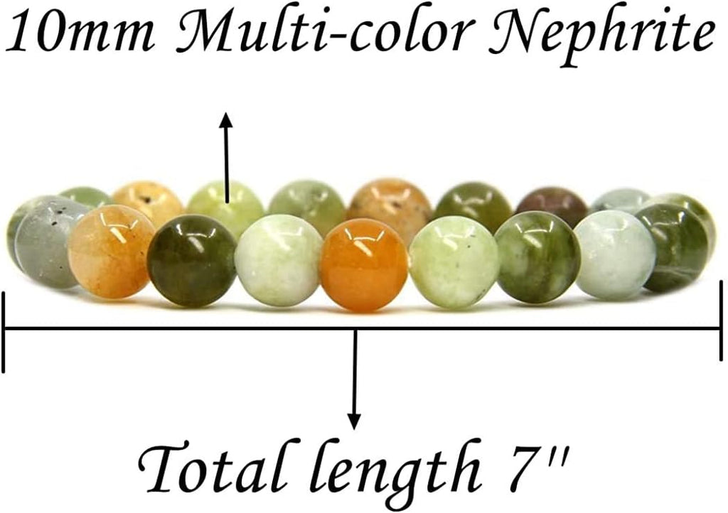 Angelstones Natural Multi-Color Nephrite Genuine Semi-Precious Gemstones Healing 10mm Beaded Stretch Bracelet 7inch Unisex