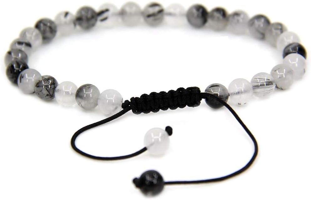 Natural Black Rutilated Quartz Gemstone 6mm Round Beads Adjustable Bracelet 7inch Unisex