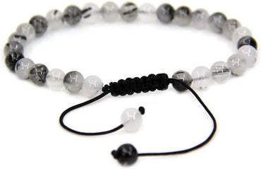 Natural Black Rutilated Quartz Gemstone 6mm Round Beads Adjustable Bracelet 7inch Unisex