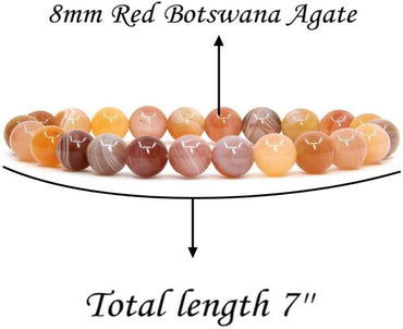 Natural Red Botswana Agate Handmade Gemstone 8mm Round Beads Elastic Bracelet 7inch Unisex
